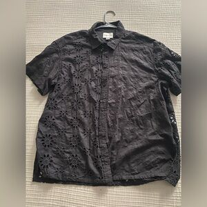 NWT American Eagle Black Button Up Cotton Mixed Eyelet Top SZ L Short Sleeve